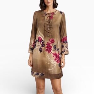 Sunner Womens Silk Floral Lace Up Tunic Dress Brown Pink Size L Made in USA